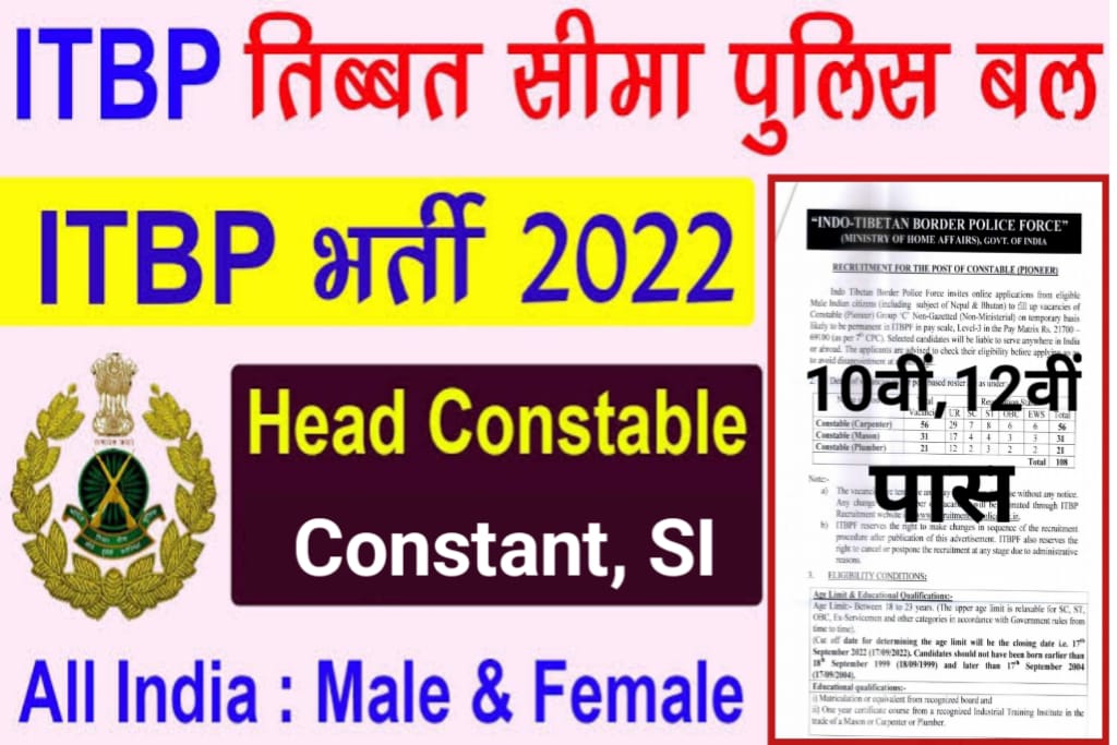 ITBP Recruitment Notification 2022,ITBP Constable,Head Constable,Online  Application 2022- All Job Assam
